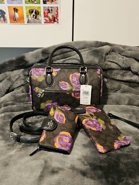 Coach Brown Floral Satchel and Wallet Set with Purple & Green Accents